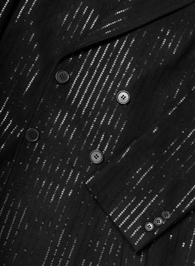 Double Breasted Sequin Embellished Long Length Stripe Wool Coat