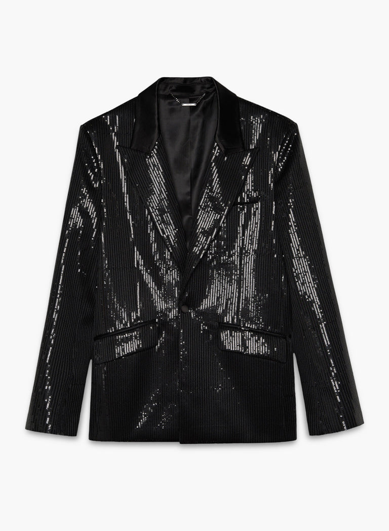 Black Sequin Peak Satin Blazer