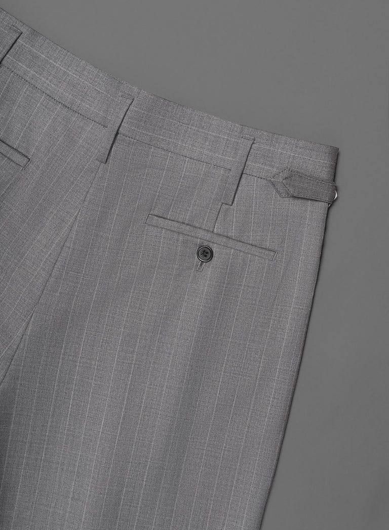 Grey Pin Stripe Side Buckle Wide Leg Flare Wool Trousers