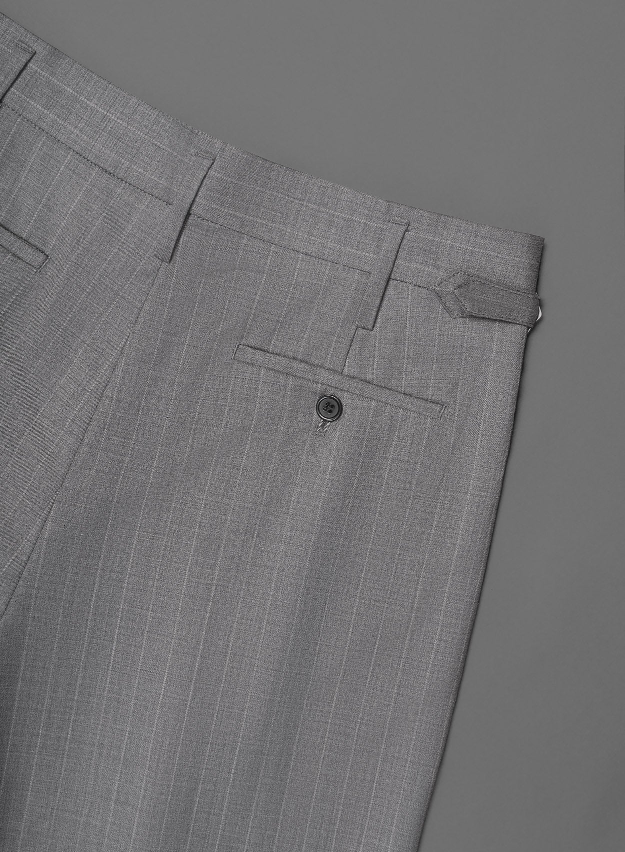 Grey Pin Stripe Side Buckle Wide Leg Flare Wool Trousers Phix Grey Pin Stripe Side Buckle Wide Leg Flare Wool Trousers Phix
