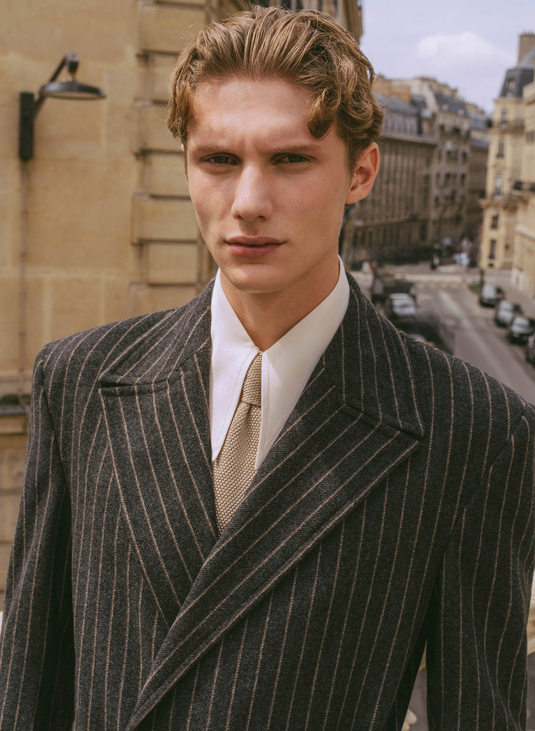 Kensington Double-breasted Striped Wool Charcoal Black Coat