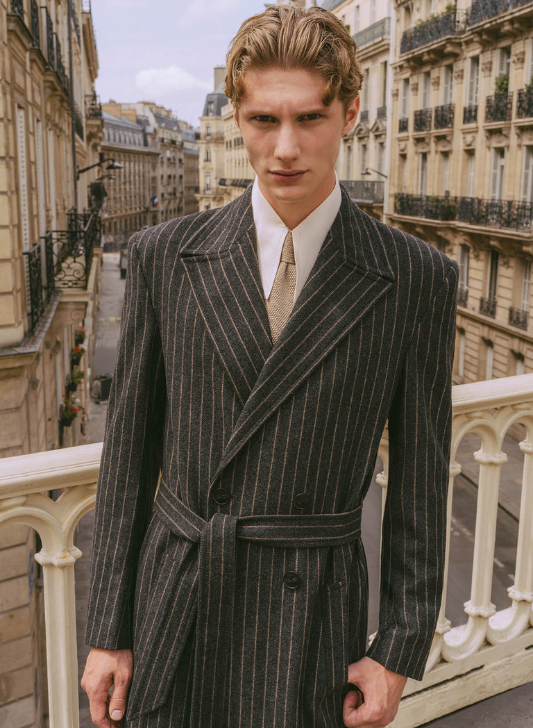 Kensington Double-breasted Striped Wool Charcoal Black Coat