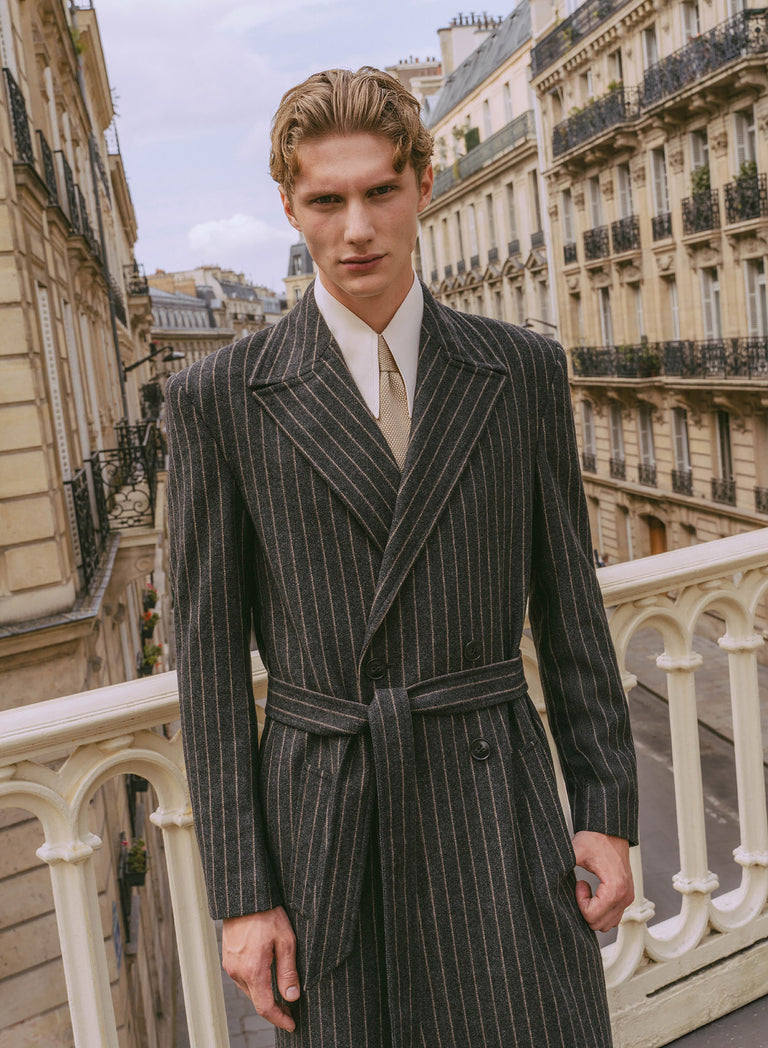 Kensington Double-breasted Striped Wool Charcoal Black Coat