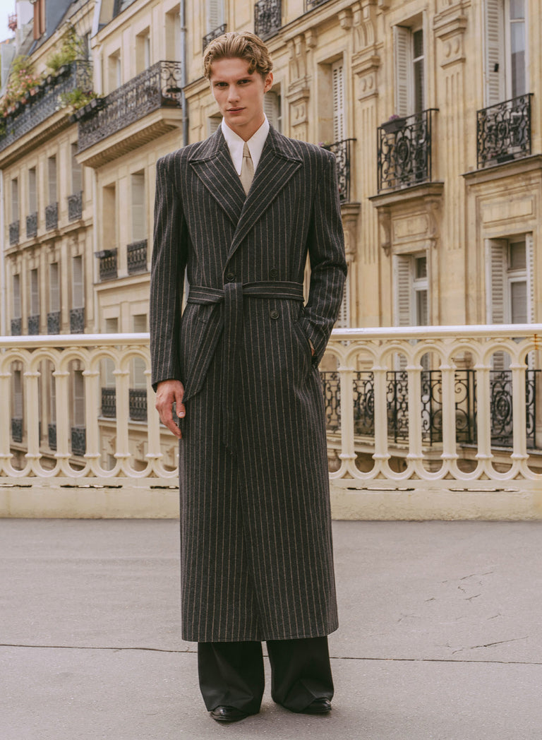 Kensington Double-breasted Striped Wool Charcoal Black Coat