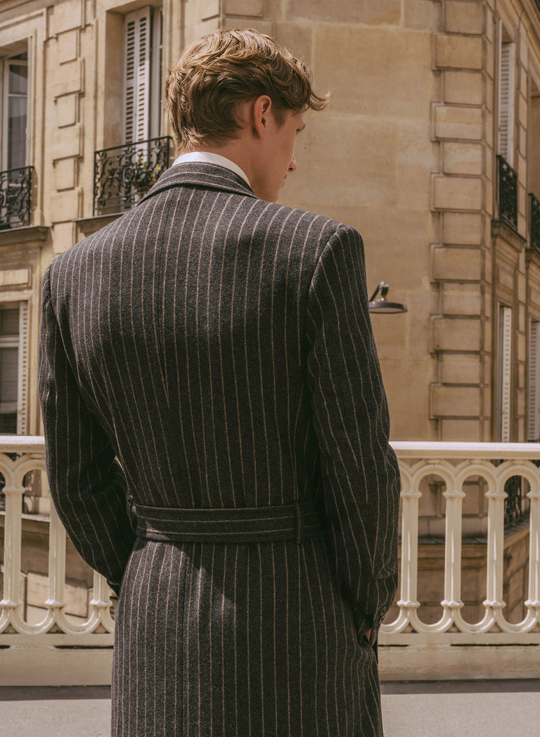 Kensington Double-breasted Striped Wool Charcoal Black Coat