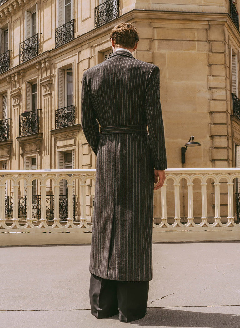 Kensington Double-breasted Striped Wool Charcoal Black Coat