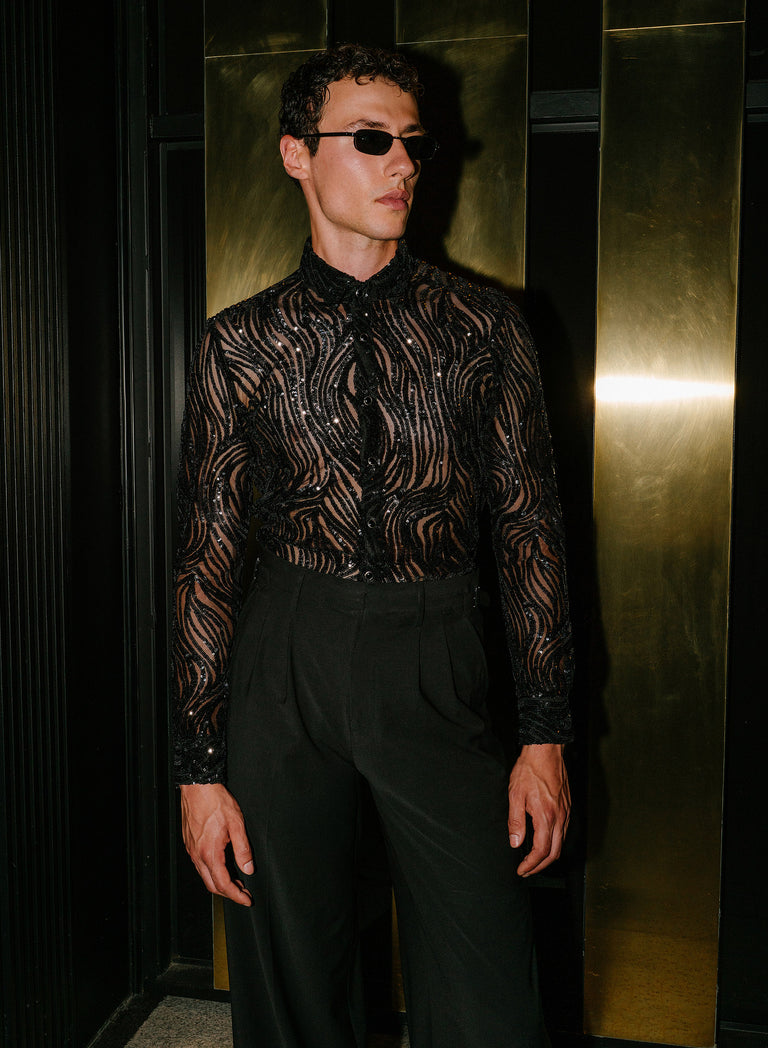 Black Abstract Wave Sequin Sheer Shirt