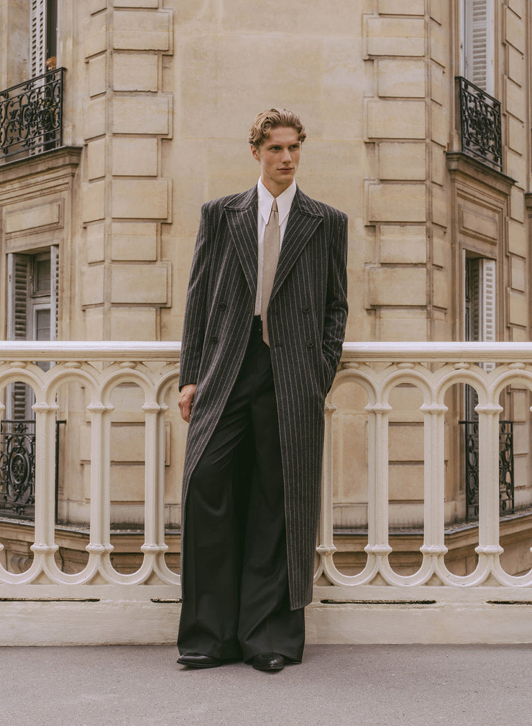 Kensington Double-breasted Striped Wool Charcoal Black Coat