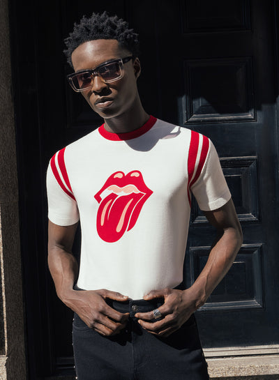Phix X Rolling Stones White Cotton Tongue Ribbed 70's Polo Shirt
