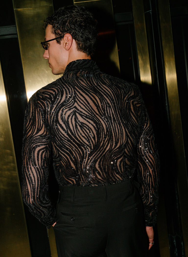 Black Abstract Wave Sequin Sheer Shirt