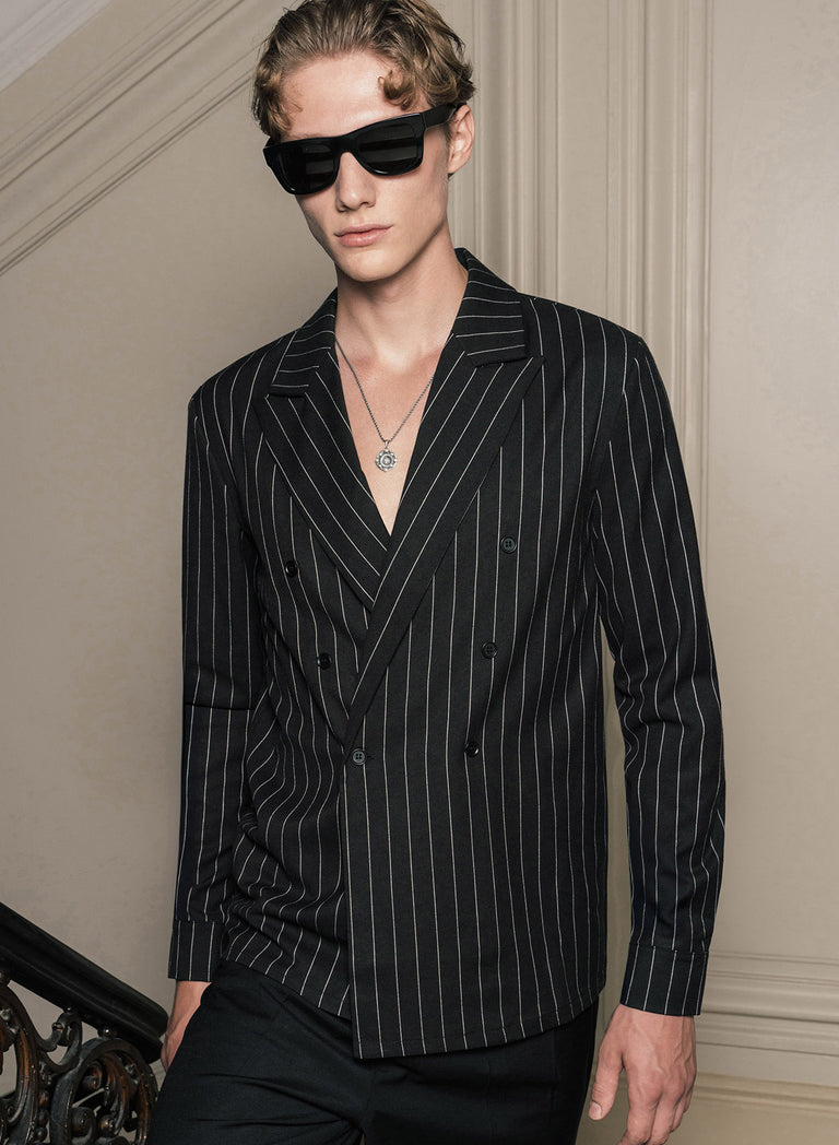 Black Pinstripe Double Breasted Black Button Shirt