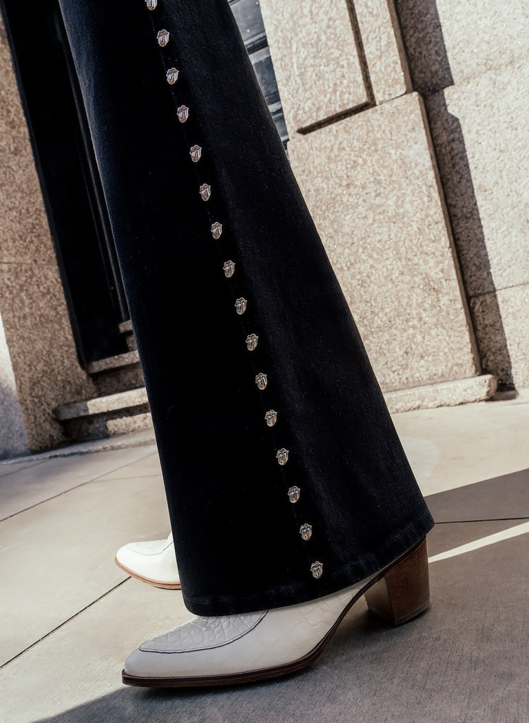 Phix X Rolling Stones Black Leg Studded Logo Denim Flare