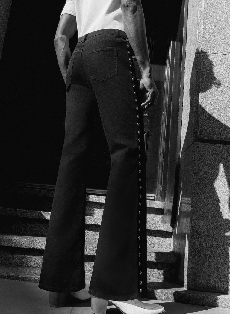 Phix X Rolling Stones Black Leg Studded Logo Denim Flare