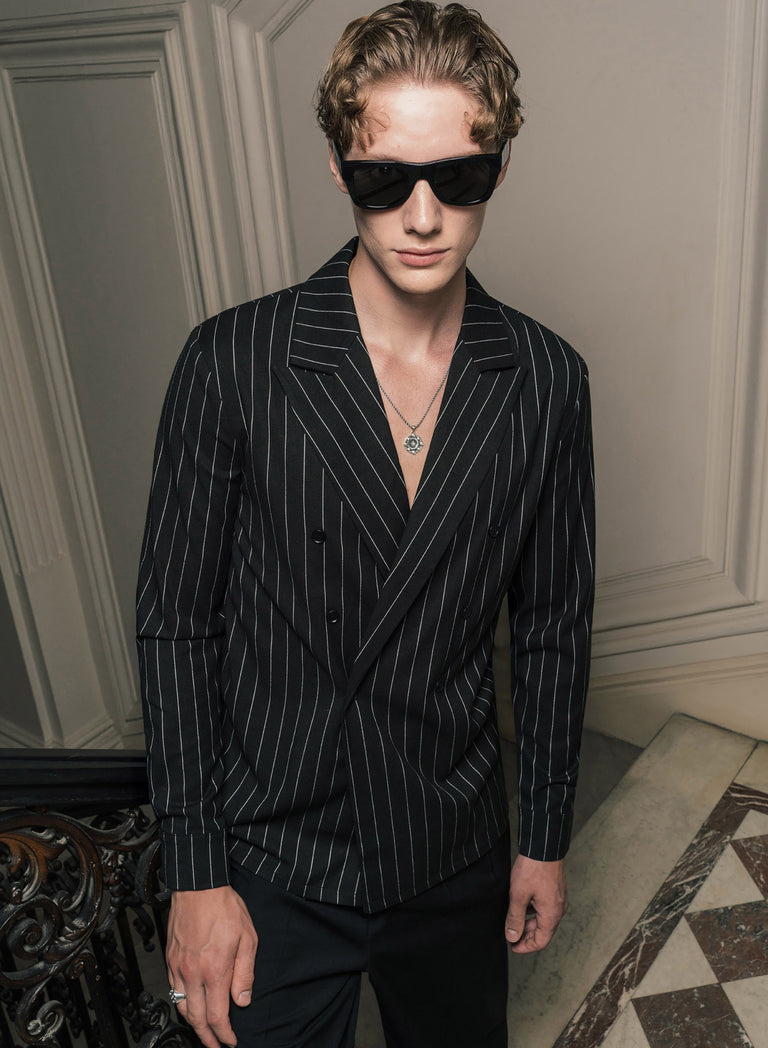 Black Pinstripe Double Breasted Black Button Shirt