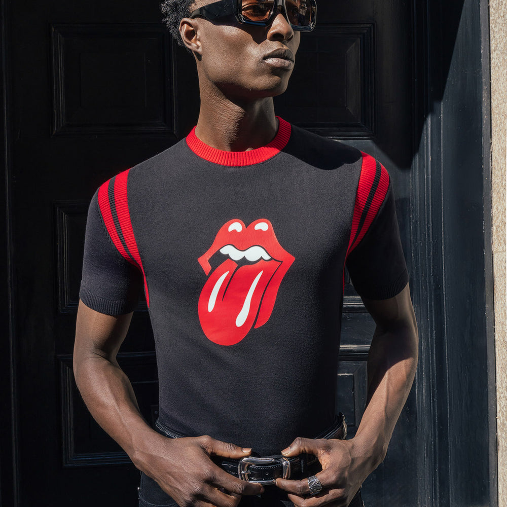 Phix X Rolling Stones Black Cotton Tongue Ribbed 70's Polo Shirt & Phix