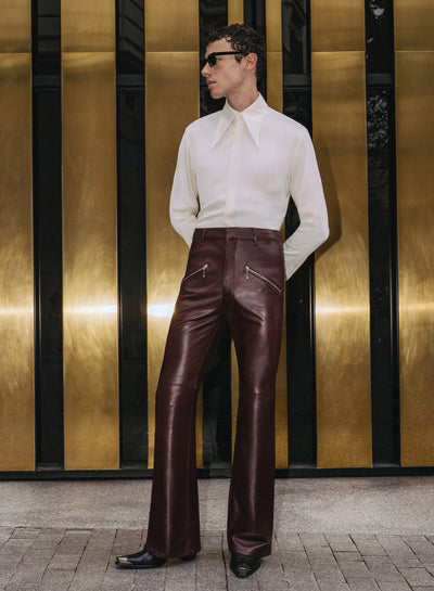 Burgundy Leather Angle Zip Slim Fit Trousers