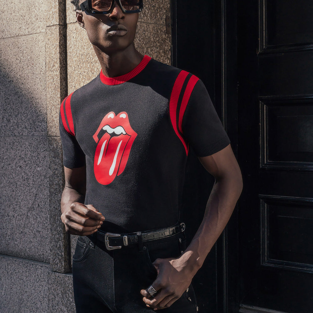 Phix X Rolling Stones Black Cotton Tongue Ribbed 70's Polo Shirt & Phix