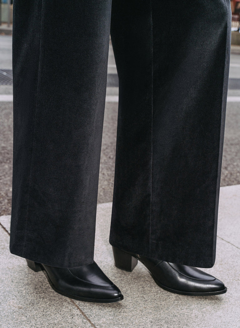 Black Velvet High Waisted Side Buckle Flare Trousers