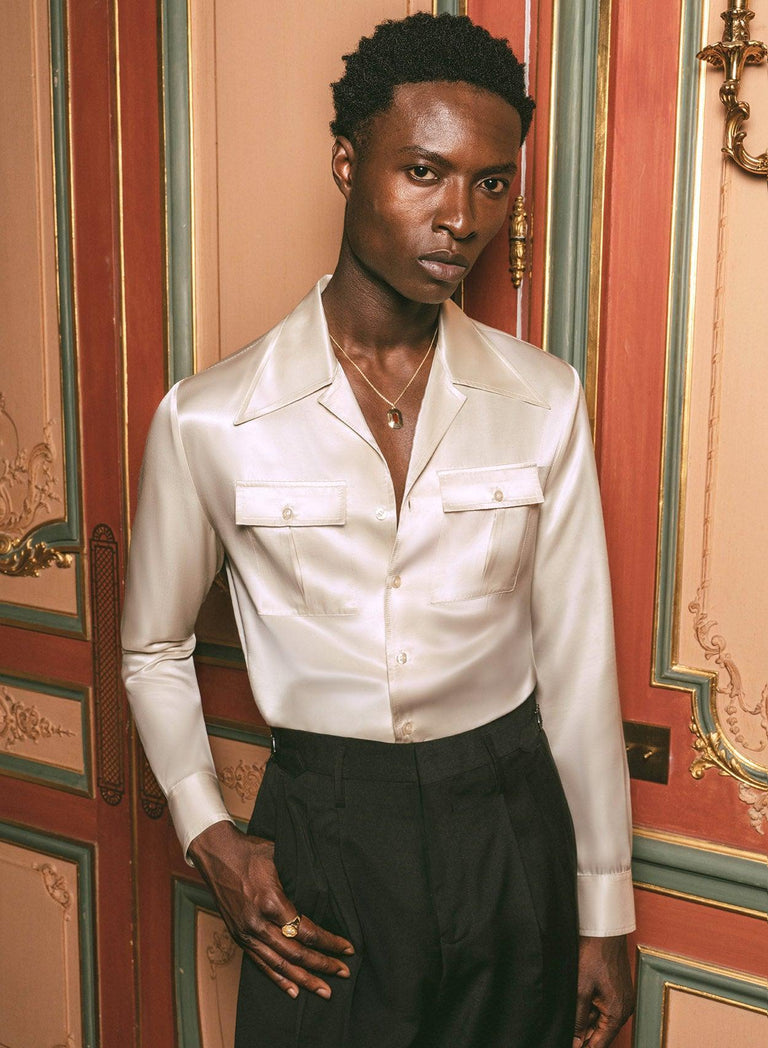 Pearl Silk Long Sleeve Cuban Collar Shirt