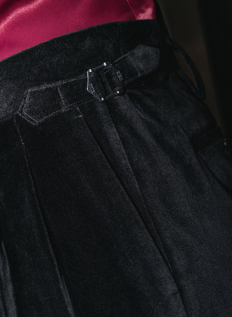 Black Velvet High Waisted Side Buckle Flare Trousers