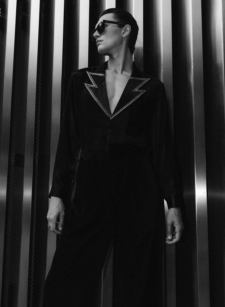 Black Lightning Lapel Embellished Satin Viscose Shirt