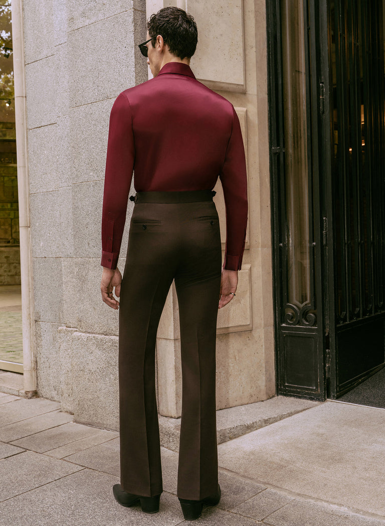 Brown Pure Wool Slim-Fit Flare Side Buckle Trousers