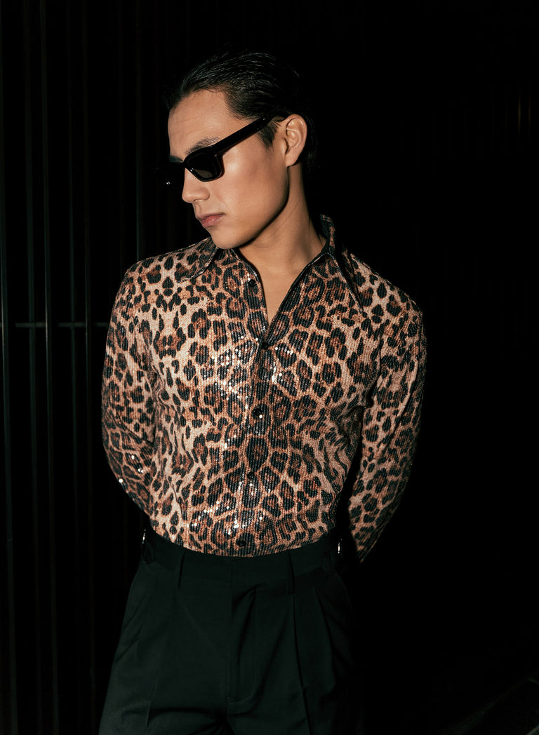 Brown Leopard Effect Sequin Shirt