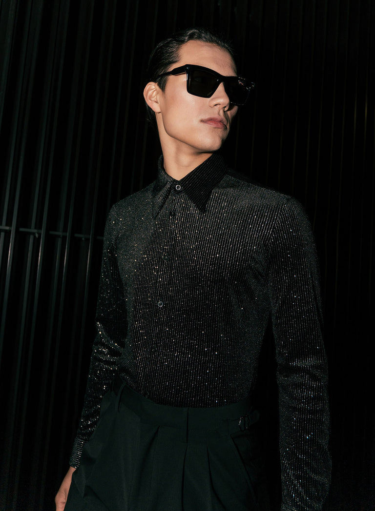 Black Silver Micro Polka Dot Velvet Shirt