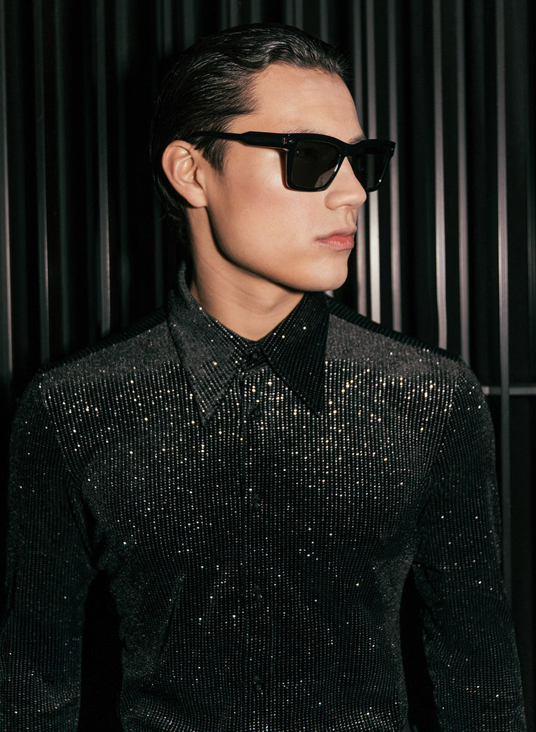 Black Silver Micro Polka Dot Velvet Shirt