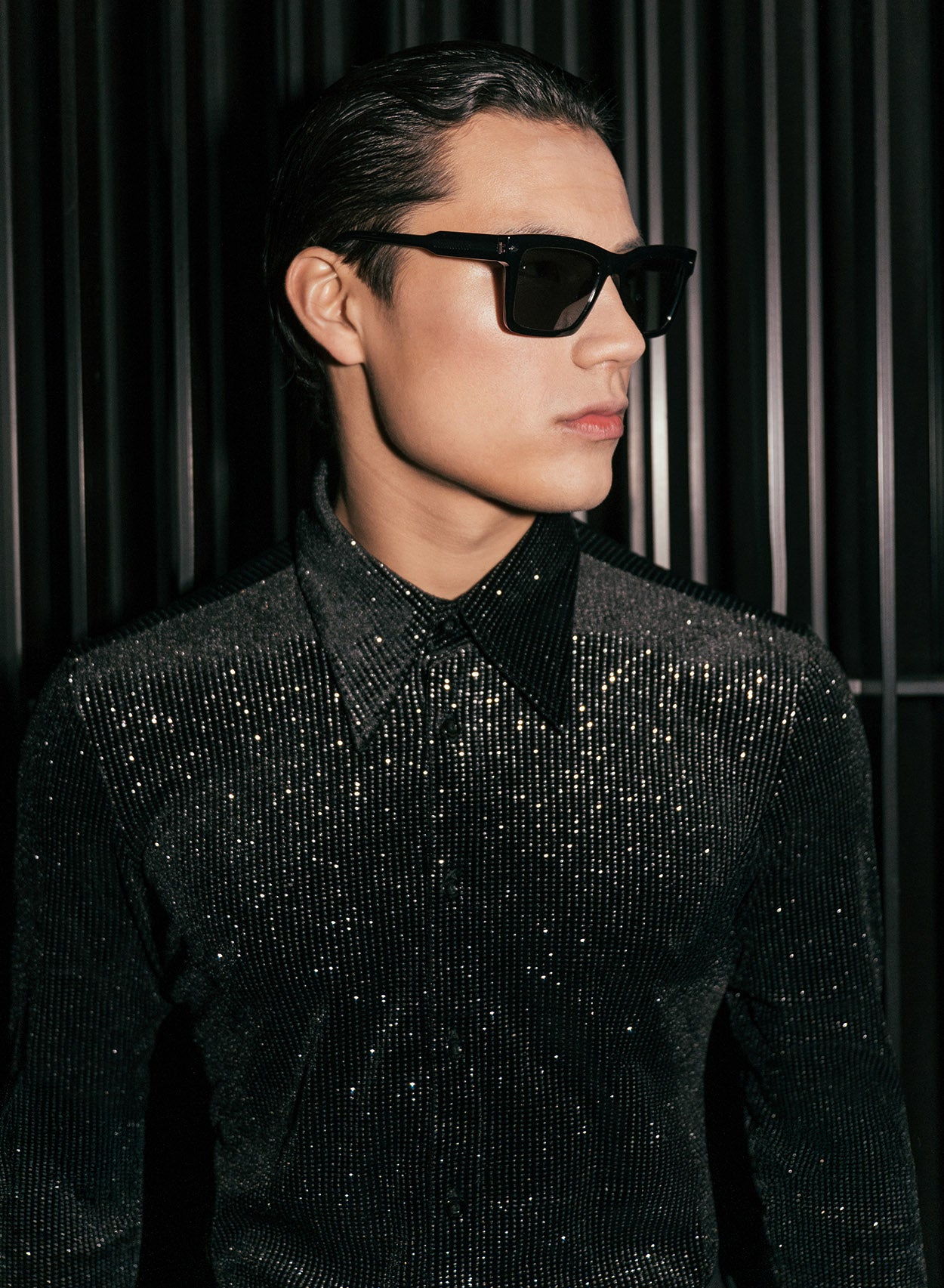 Phix Men's Black Silver Micro Polka Dot Velvet Shirt In Size Large - 70's Collar Phix Men's Black Silver Micro Polka Dot Velvet Shirt In Size Large - 70's Collar
