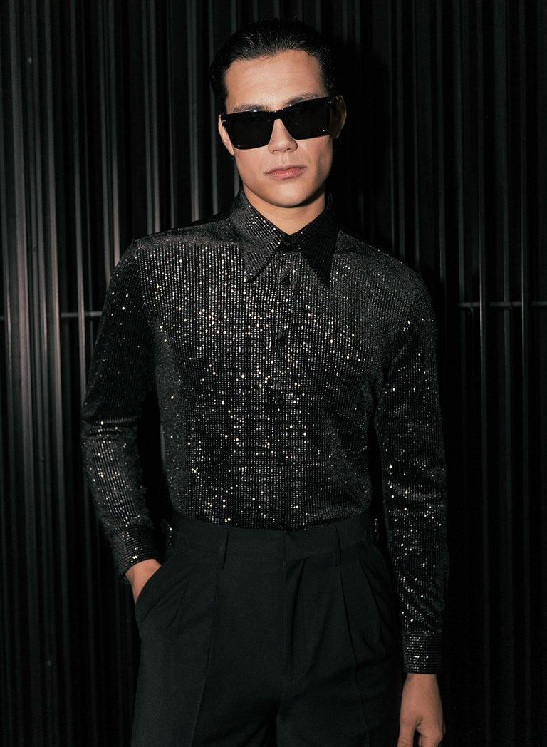 Black Silver Micro Polka Dot Velvet Shirt