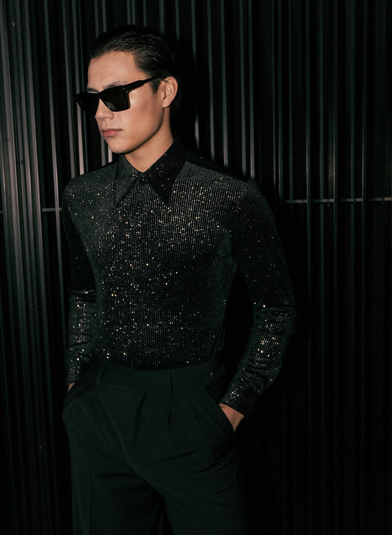 Black Silver Micro Polka Dot Velvet Shirt