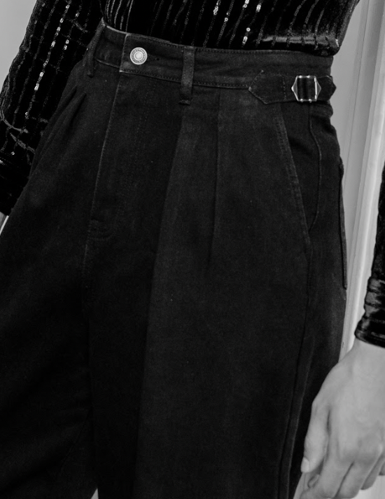 Black Denim Pleated Wide Leg Buckle Flare Jean