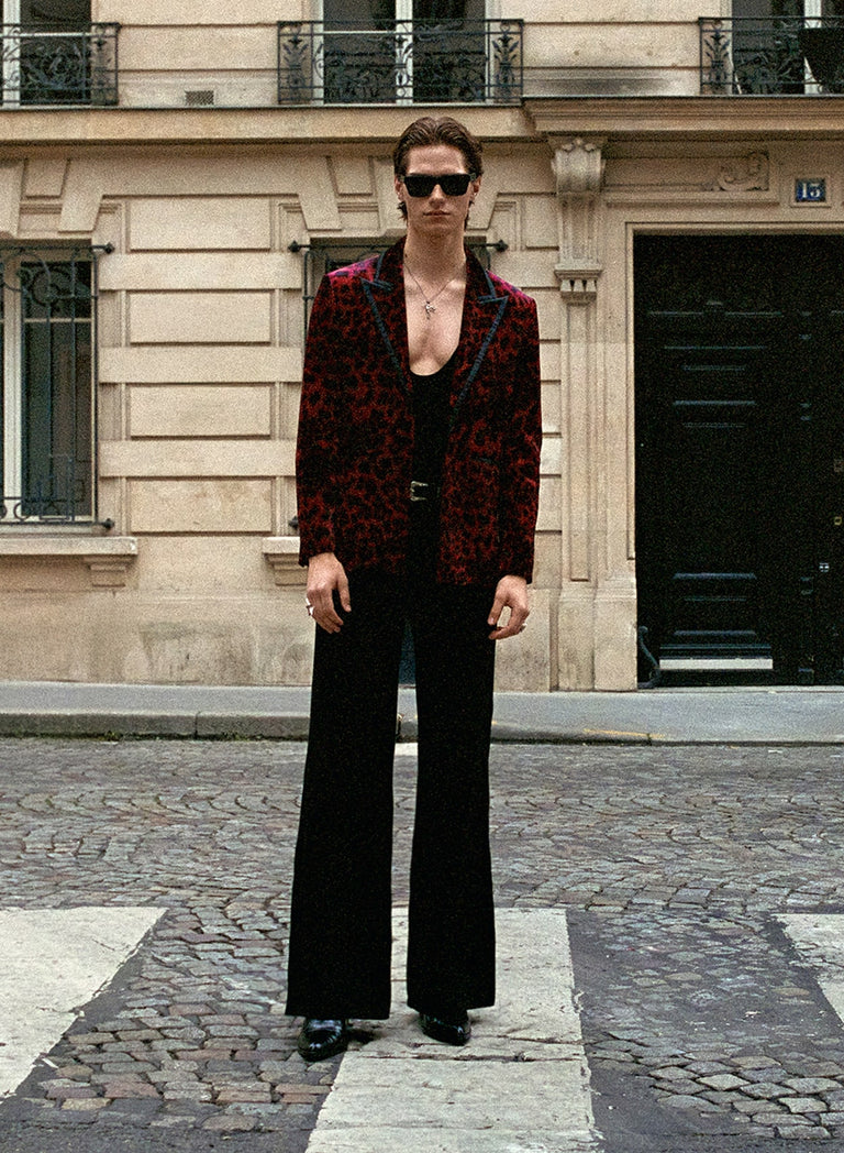 Red Velvet Leopard Print Blazer With Black Satin Lapel Trim