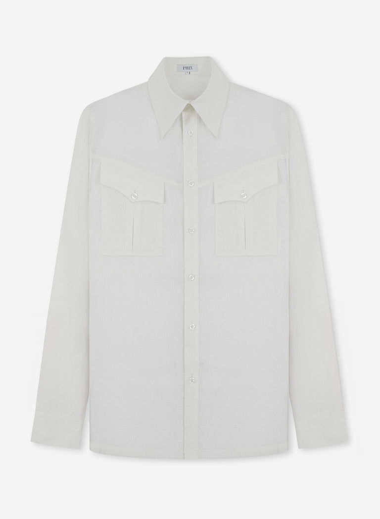 White Pure Linen Western Pocket Shirt