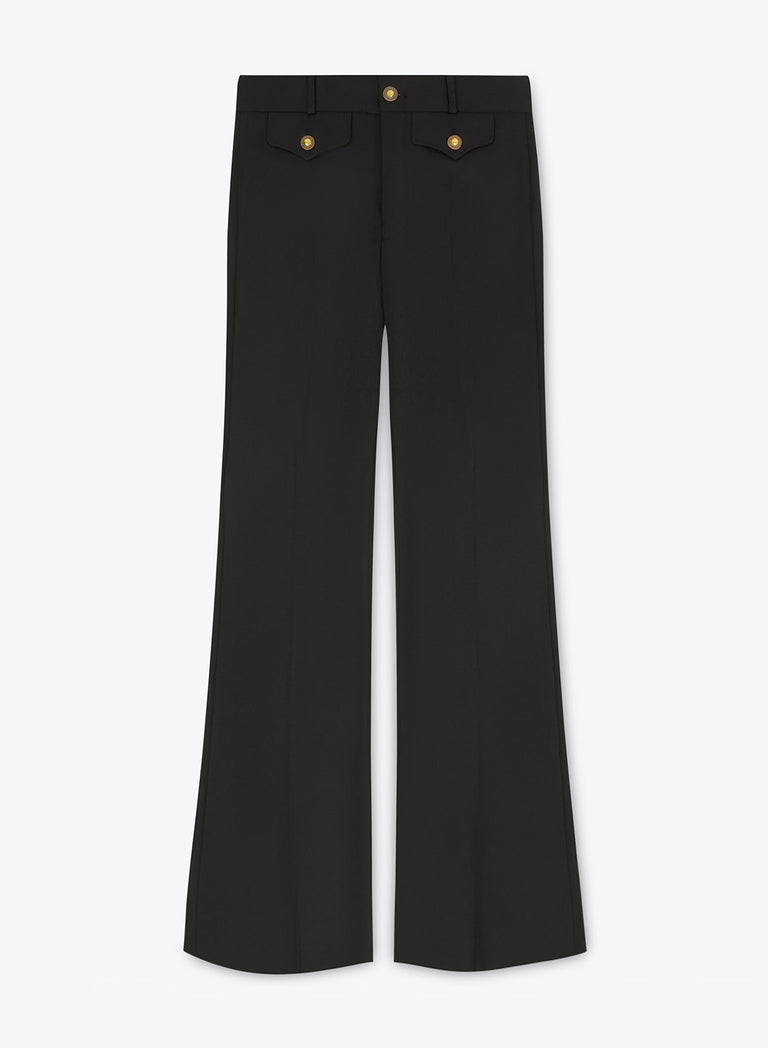 Black Wool Gold Button Flare Trouser