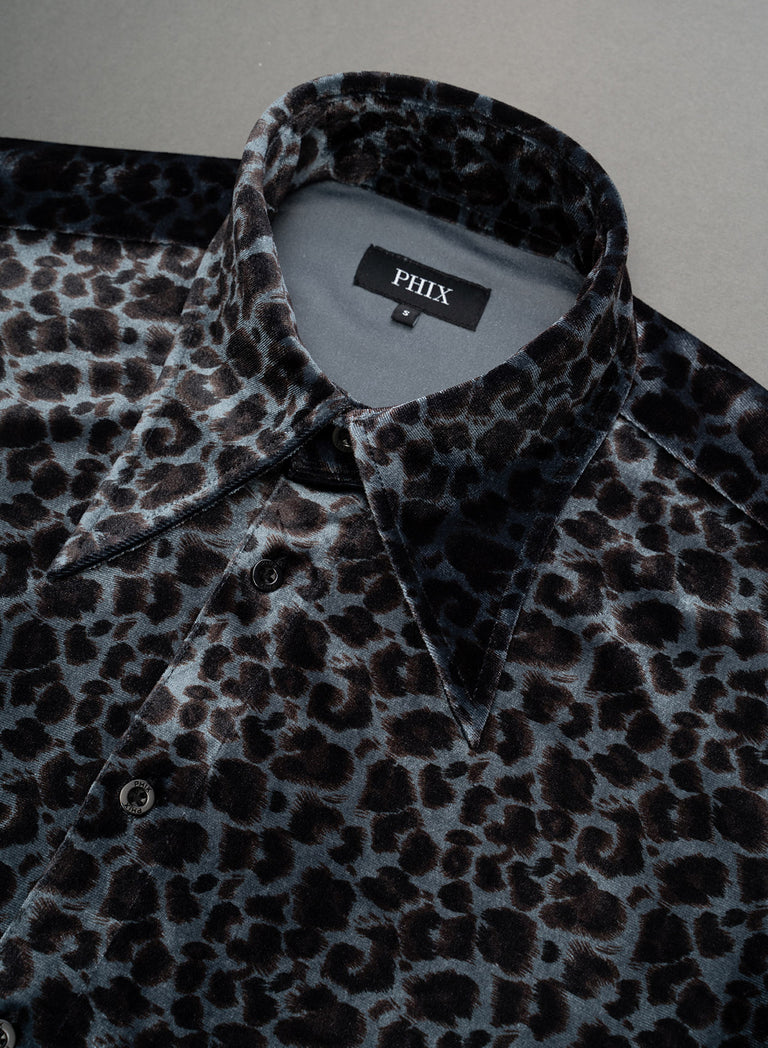 Blue Leopard Dagger Collar Velvet Shirt