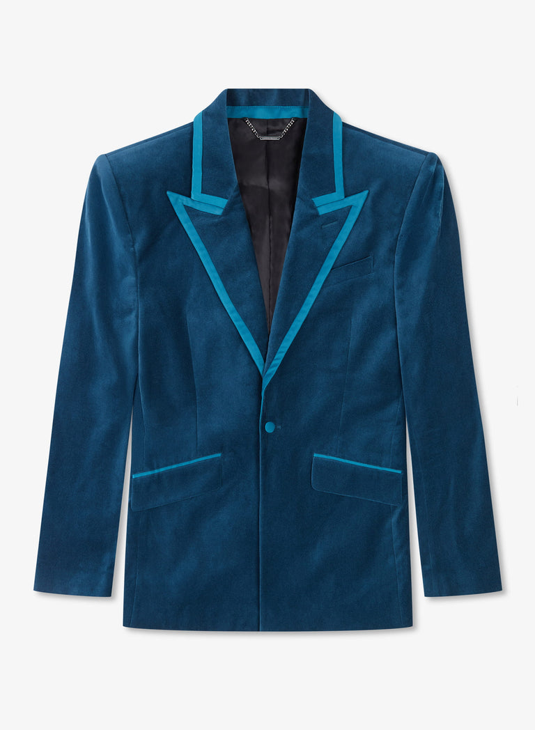 Single Breasted Wide Shoulder Teal Velvet Jacket