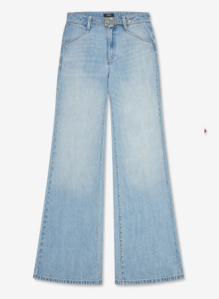 Blue Washed Denim Western Belt Wide Leg Flare Jeans