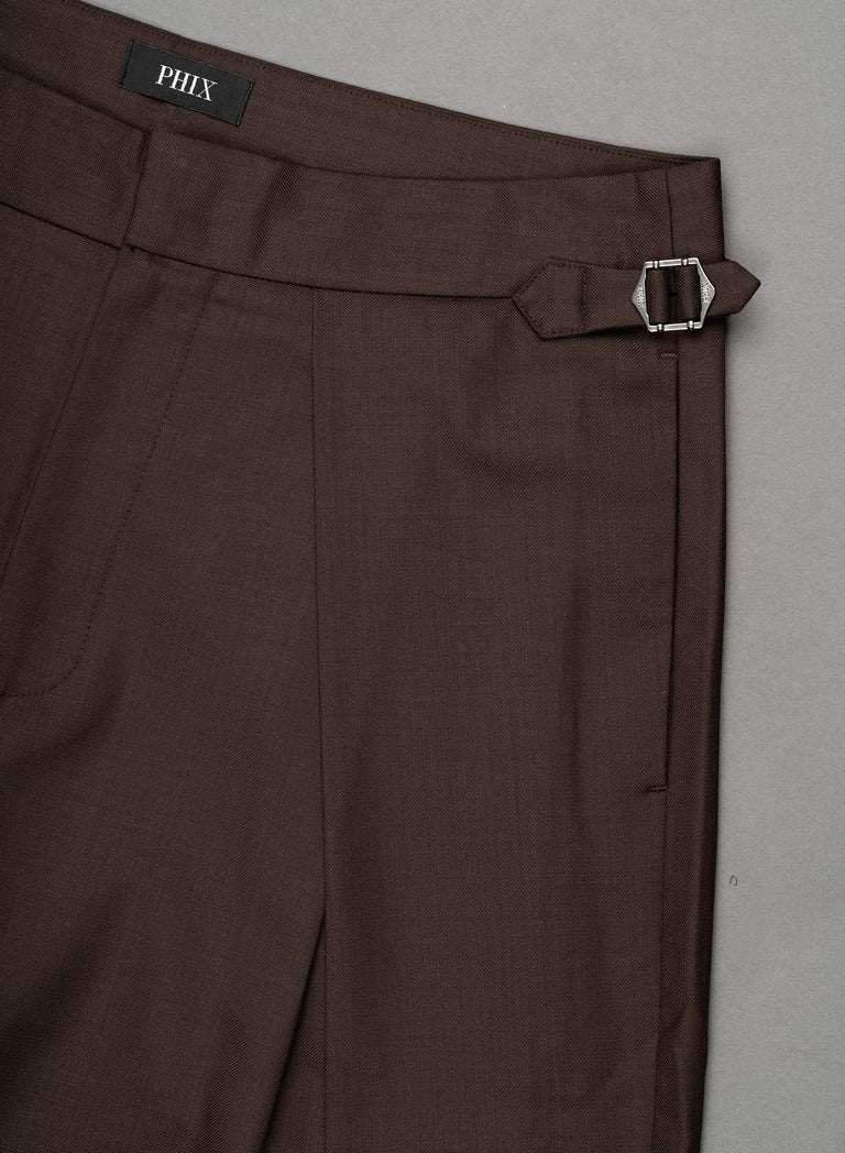 Brown Wool Pleated High Waisted Buckle Trousers