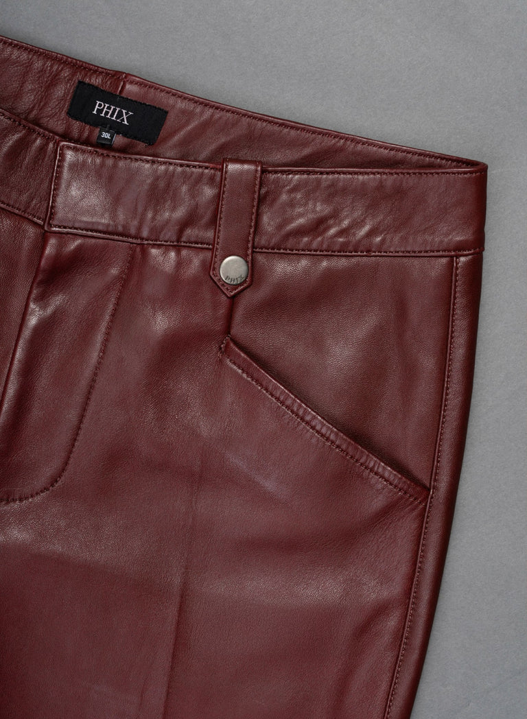 Burgundy Leather Pin Belt Flared Trousers