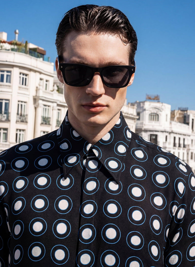 Black Geometric Circle Viscose Shirt