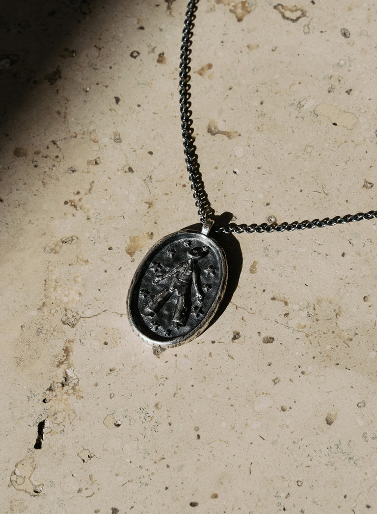 Silver Cowboy Oval Pendant Necklace