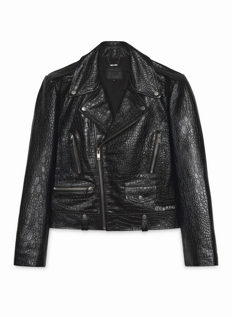 Black Cropped Croc Effect Leather Biker Jacket