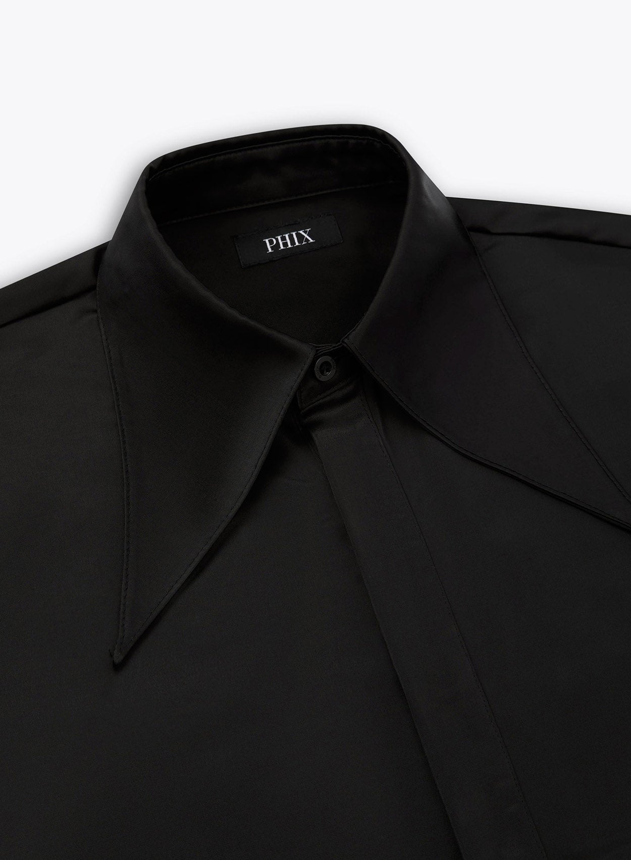 Phix Men's Black Satin Oversize Dagger Collar Shirt In Size Medium - Slim Fit Phix Men's Black Satin Oversize Dagger Collar Shirt In Size Medium - Slim Fit