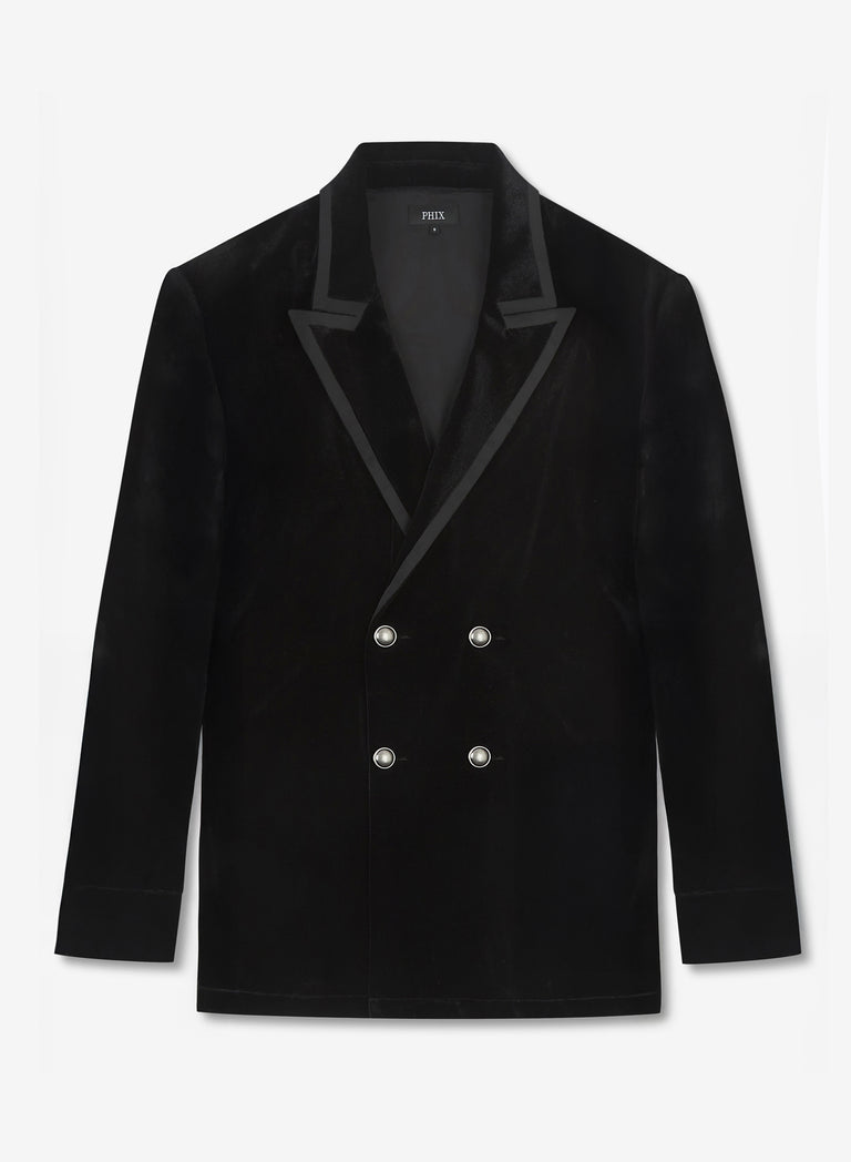 Black Velvet Double Breasted Satin Lapel Shirt