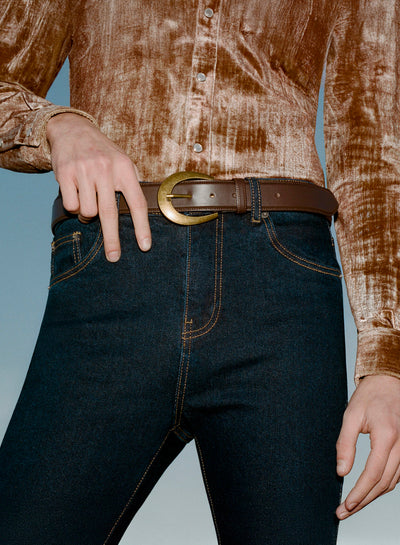 Brown Crescent Silver Buckle Leather Belt