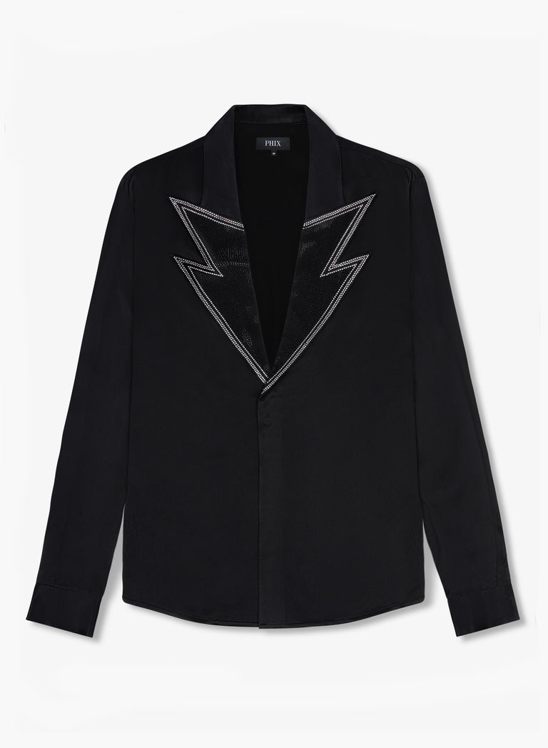 Black Lightning Lapel Embellished Satin Viscose Shirt