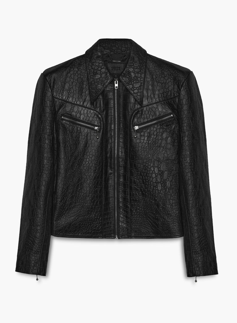 Black Croc-Effect Leather Zip Jacket