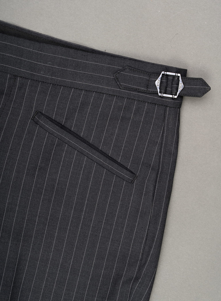 Grey Pinstripe Pure Wool Slim-Fit Flare Side Buckle Trousers
